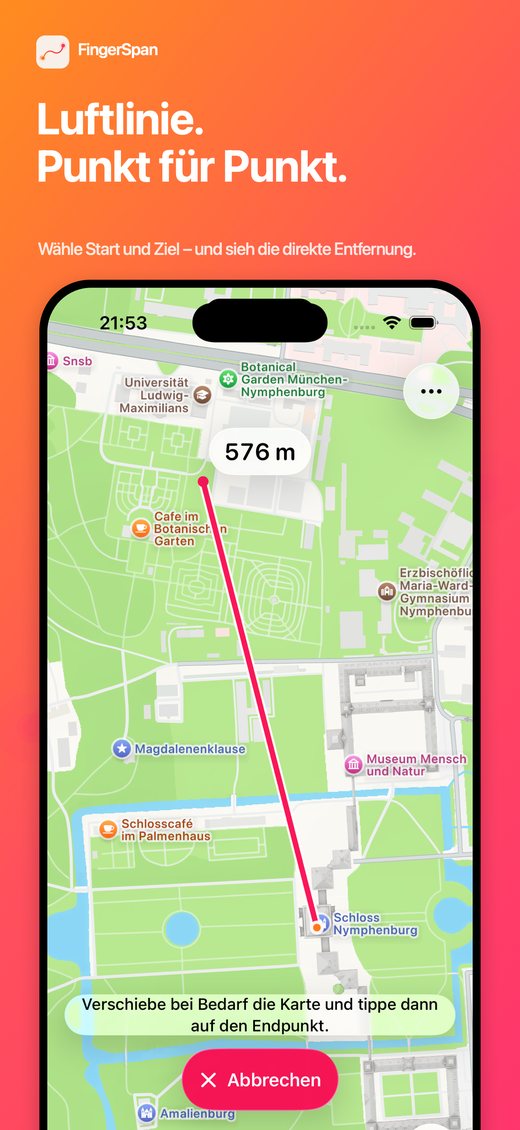 FingerSpan-Bildschirm mit einer geraden gemessenen Linie zwischen zwei angetippten Punkten, 1,17 mi entfernt.