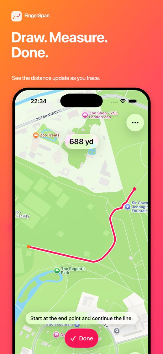 FingerSpan screen showing a live distance readout of 688 yd while a route is being drawn through a park.