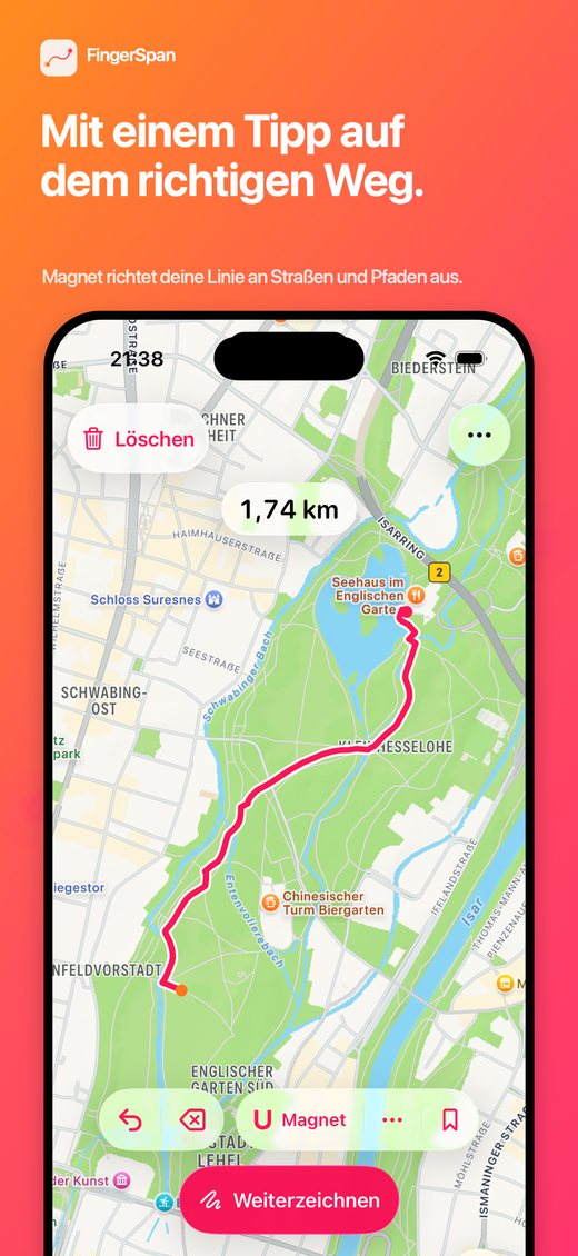 FingerSpan-Bildschirm, auf dem das Magnet-Werkzeug eine gezeichnete Linie an einen nahen Fußweg anpasst.