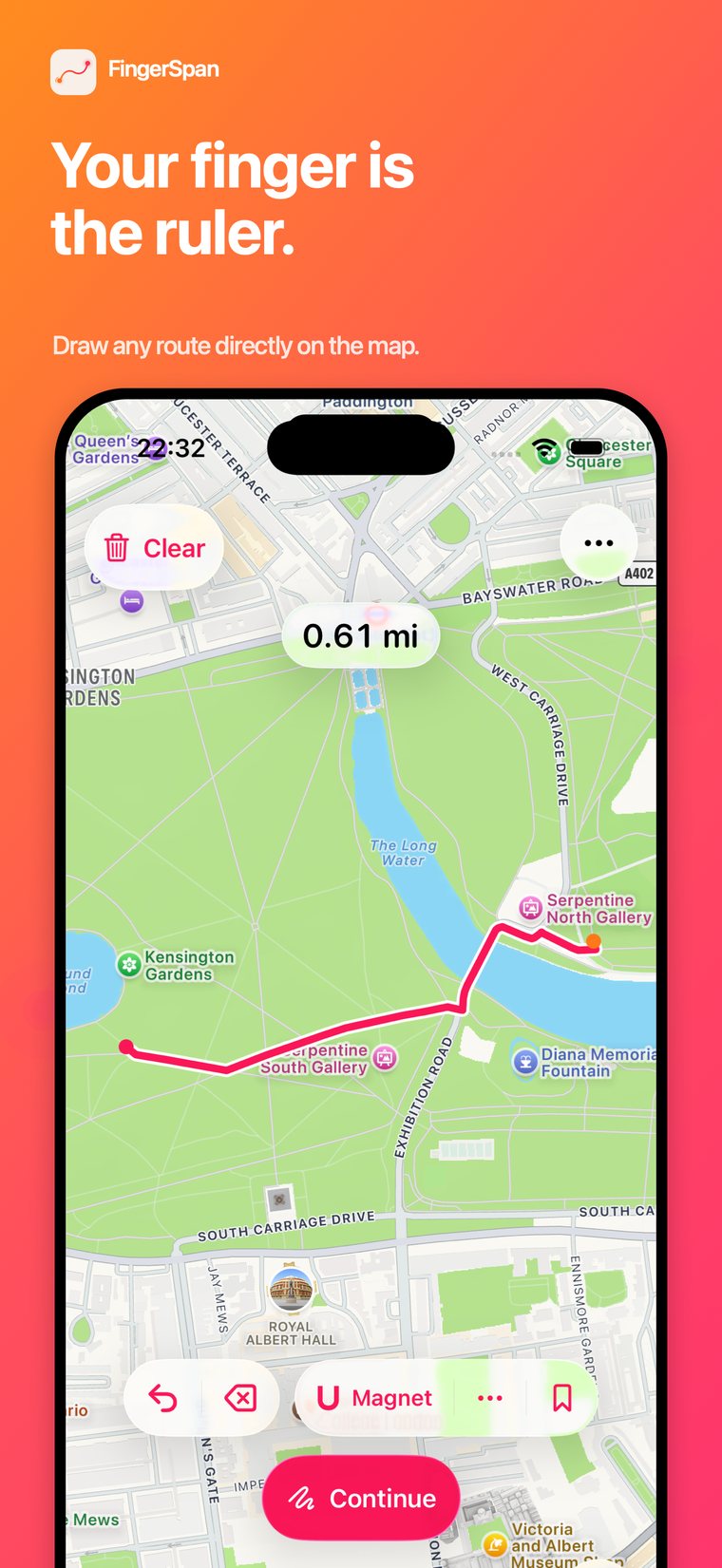FingerSpan screen reading "Your finger is the ruler." above a map with a hand-drawn pink route and a distance readout of 0.61 mi.